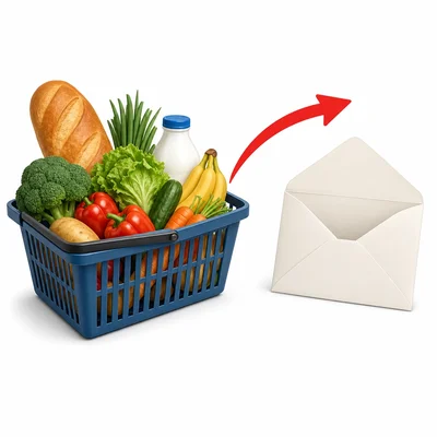 Groceries, budget envelope, and upward arrow showing higher grocery costs.