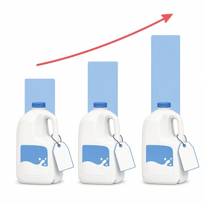 Three milk gallons with rising bars showing an increasing price pattern.