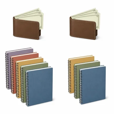 Same wallet shown with many notebooks on one side and fewer notebooks on the other.