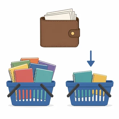 A wallet buys fewer notebooks, illustrating decreased purchasing power.