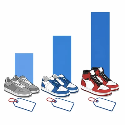 Three pairs of shoes with rising bars, ending with the highest price.