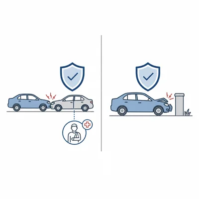 Side-by-side diagram showing insurance coverage for damage to another car versus damage to the driver’s own car.