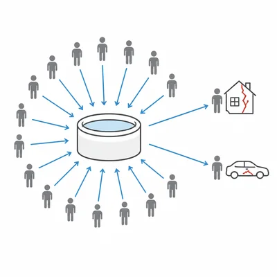 Diagram of many policyholders contributing to a central pool that pays for a few losses.