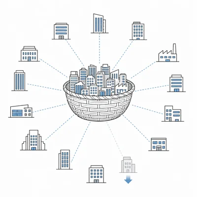 An index fund basket containing many companies, showing that one company’s problem has limited impact.
