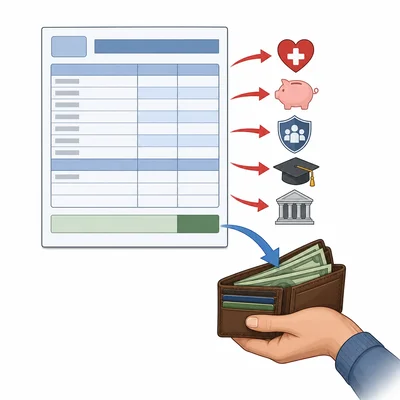 Money remaining after deductions moves from a pay stub into a wallet.