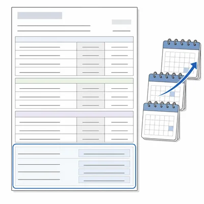 A pay stub with a calendar and arrow showing information accumulating over time.