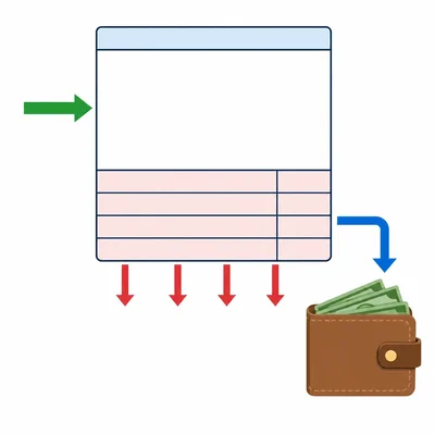 A pay stub diagram showing gross pay entering, deductions leaving, and net pay going to a wallet.