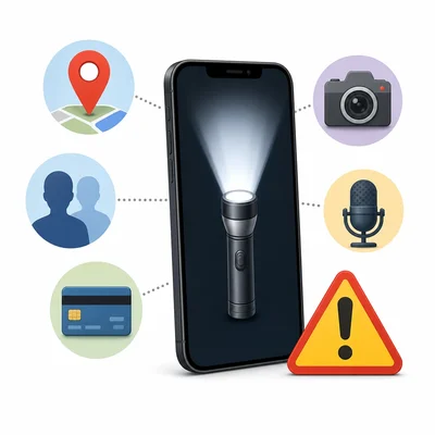 A flashlight app requesting many permissions, including location, contacts, camera, microphone, and payment information.