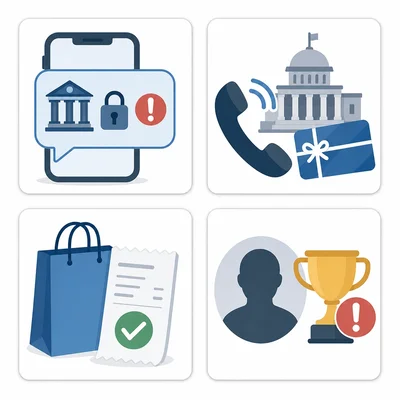 Four message examples: urgent bank alert, gift card payment call, normal store receipt, and unknown prize message.