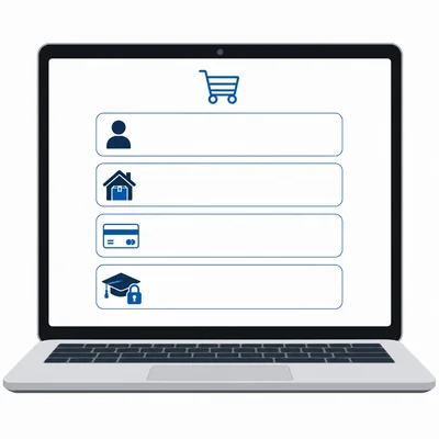 A checkout page with blank fields for personal, shipping, payment, and school login information.