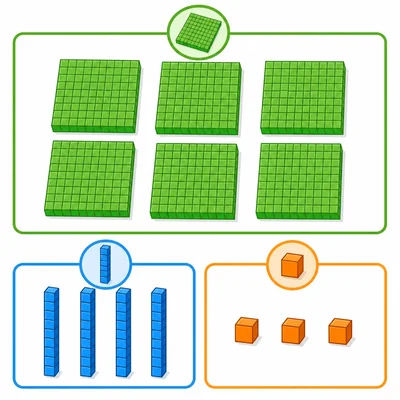 Base-ten blocks showing 6 hundreds flats, 4 tens rods, and 3 unit cubes arranged neatly to represent the number 643, with each group clearly labeled.