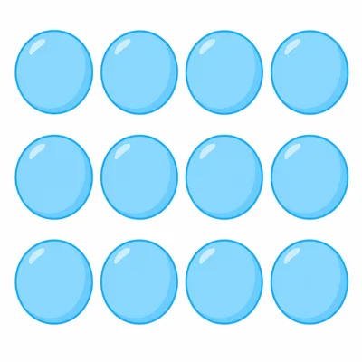 An array of filled light blue circles arranged in exactly 3 rows and 4 columns on a white background, showing 12 circles total in a neat grid pattern with even spacing between each circle.