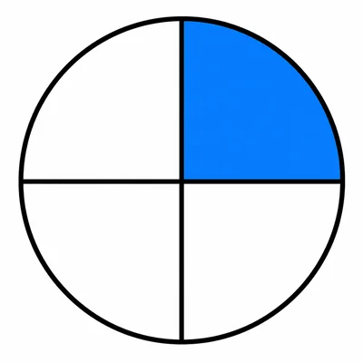 A circle divided into 4 perfectly equal parts by two perpendicular lines crossing at the center. One quarter is shaded solid blue and the other three quarters are white, with a clean black circular border.