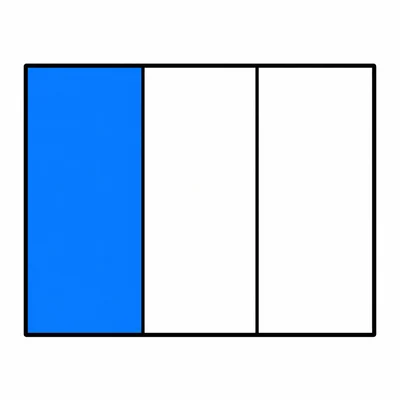 A horizontal rectangle divided into 3 equal vertical sections by two parallel vertical lines. The leftmost section is shaded solid blue and the other two sections are white, with a clean black rectangular border.
