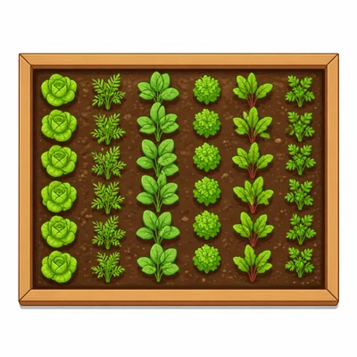 A rectangular garden viewed from above showing brown soil with small green plants growing in rows. The top and bottom sides are labeled 8 ft and the left and right sides are labeled 5 ft. The garden has a clean rectangular border.