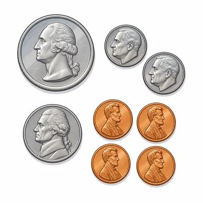 A flat-lay illustration of coins on a white background: one large silver quarter, two small silver dimes, one medium silver nickel, and four small copper pennies. The coins are spread out with each type grouped together.