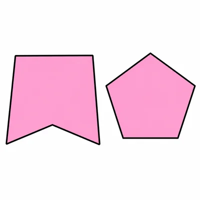 Two shapes side by side on a white background: the left shape is an irregular quadrilateral with 4 sides shaped like a banner with a v-notch at the bottom edge, and the right shape is a regular 5-sided pentagon. Both shapes are filled with light pink color and outlined in black.