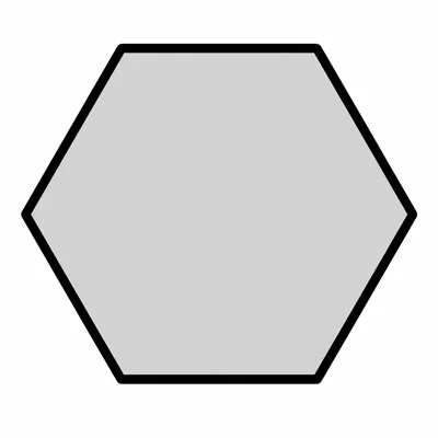 A regular hexagon with 6 perfectly equal sides and 6 equal interior angles, drawn with a thick black outline and filled with light gray shading, centered on a white background.