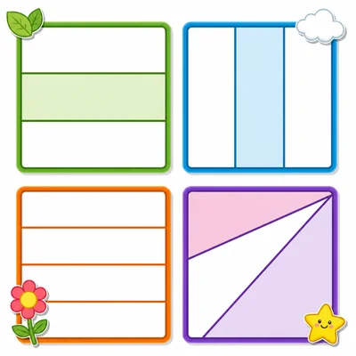 Four rectangles labeled A, B, C, D. Rectangle A is divided by two horizontal lines into 3 equal horizontal sections with the middle section lightly shaded. Rectangle B is divided by two vertical lines into 3 equal vertical columns with the middle column lightly shaded. Rectangle C is divided by three horizontal lines into 4 equal sections. Rectangle D is divided by two diagonal lines creating three unequal triangular sections.