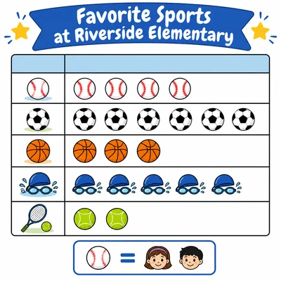 A pictograph titled Favorite Sports at Riverside Elementary with five labeled rows. The Baseball row has 4 round sport ball icons, the Soccer row has 6 ball icons, the Basketball row has 3 ball icons, the Swimming row has 5 ball icons, and the Tennis row has 2 ball icons. A key box at the bottom shows one ball icon equals 2 votes. The table has a light blue header row and clean black grid lines.
