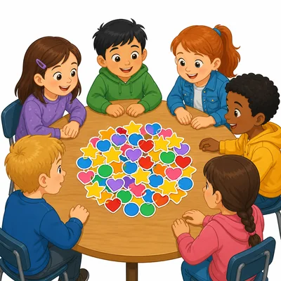 Six children sharing a pile of stickers.
