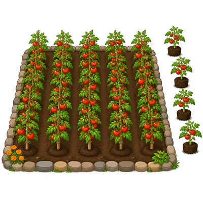 A garden with rows of tomato plants and more plants added.