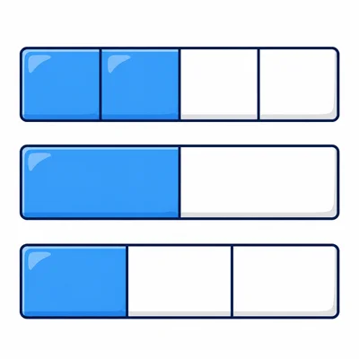 Fraction bars showing two fourths, one half, and one third.