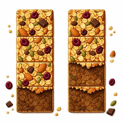 Two equal granola bars with different fourths eaten.