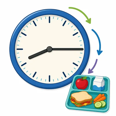 A clock showing 8:15 with arrows for elapsed hours.