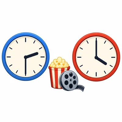 Two clocks showing a movie start and end time.