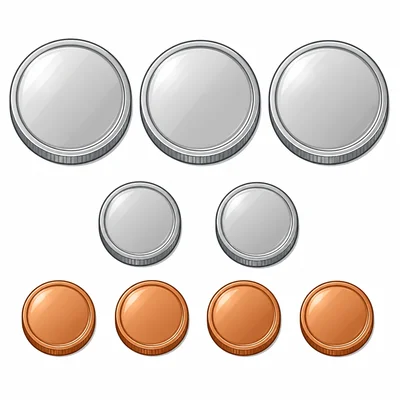 Groups of quarters, dimes, and pennies.