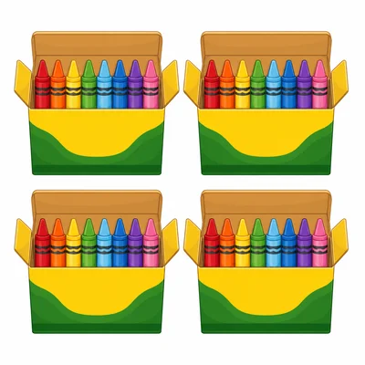 Crayons arranged in equal groups inside boxes.