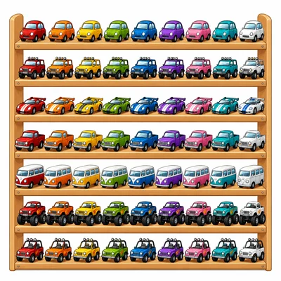 Seven shelves with nine toy cars on each shelf.