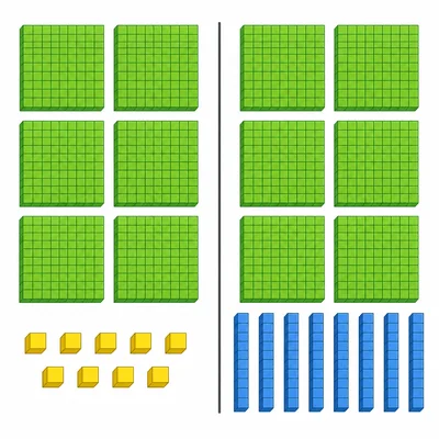 Two groups of base-ten blocks comparing hundreds, tens, and ones.