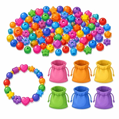 Beads, a bracelet, and six bags for sharing remaining beads.
