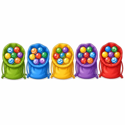 Five bags with seven marbles in each bag.