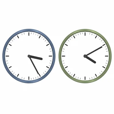 Two clocks showing 3:25 and 4:10 without numerals.