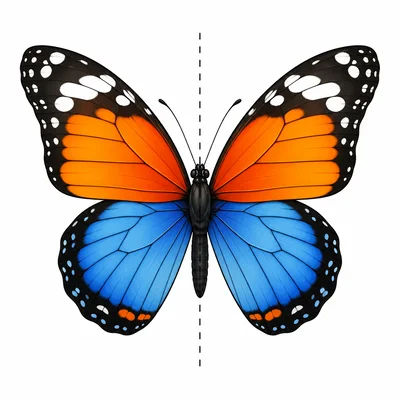 A symmetrical figure with a vertical line of symmetry.