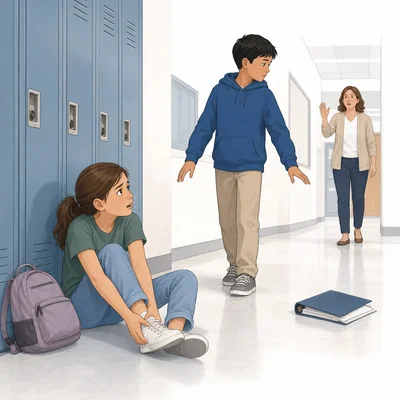 A student checks the hallway for safety before helping another student with an injured ankle.