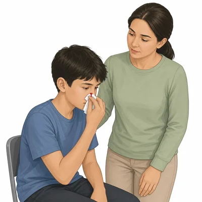 A student safely manages a nosebleed by leaning forward and pinching the nose.