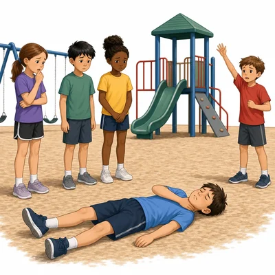 Students avoid moving an injured student with possible neck pain and call for help.