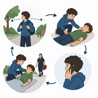 A four-step first aid sequence: check the scene, check the person, call for help, and provide care.