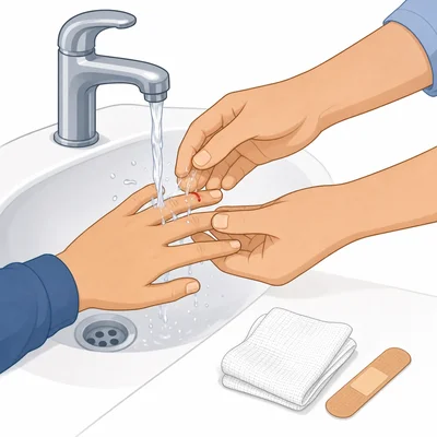 Hands rinsing and bandaging a small cut on a finger.