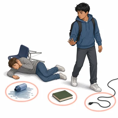 A student checks for hazards before helping someone on the floor.