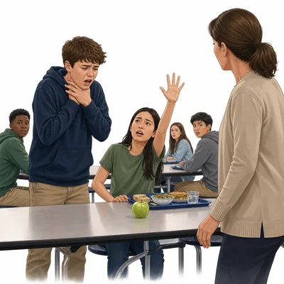 A student appears to be choking while another student gets help from an adult.