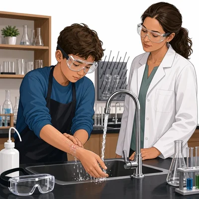 A student rinses a chemical spill from their skin under running water.
