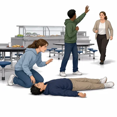 Students get help for an unresponsive person who has fainted.