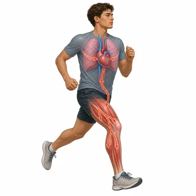A jogging student with heart, lungs, blood flow arrows, and working muscles shown.