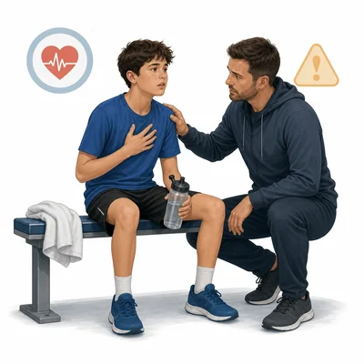 A student stops exercising and gets help from an adult while resting safely.