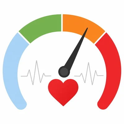 A heart-rate intensity gauge with a needle pointing to a higher effort zone.
